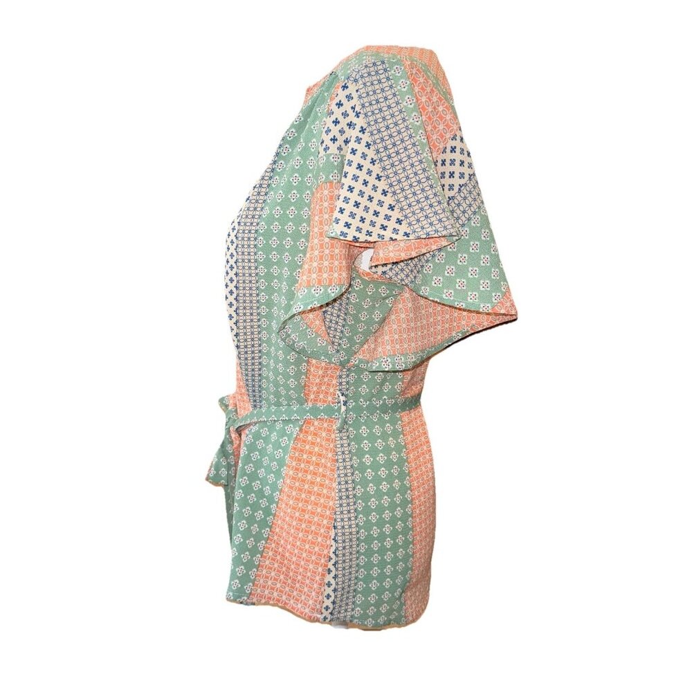 Faith and Joy Striped Patchwork Blouse Belted Waist Flutter Sleeve Size M - Picture 2 of 6